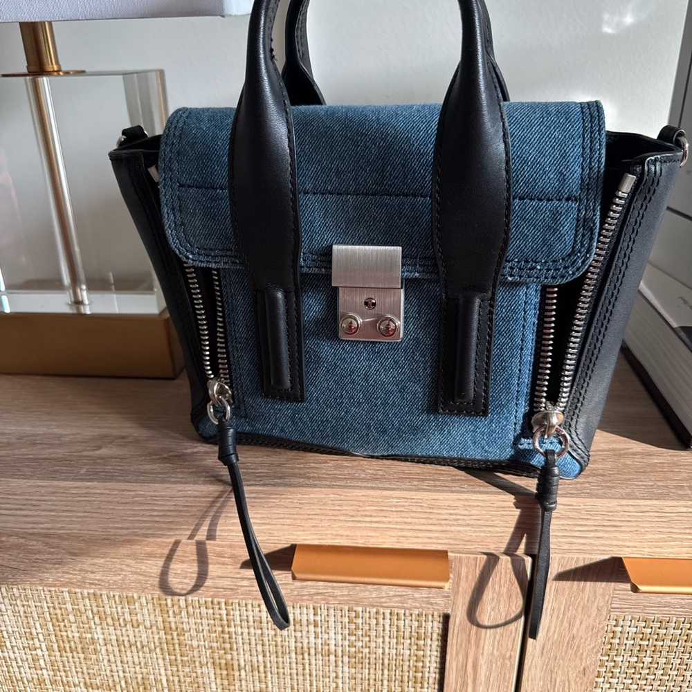 Stylish Denim and Black Leather Women's Bag